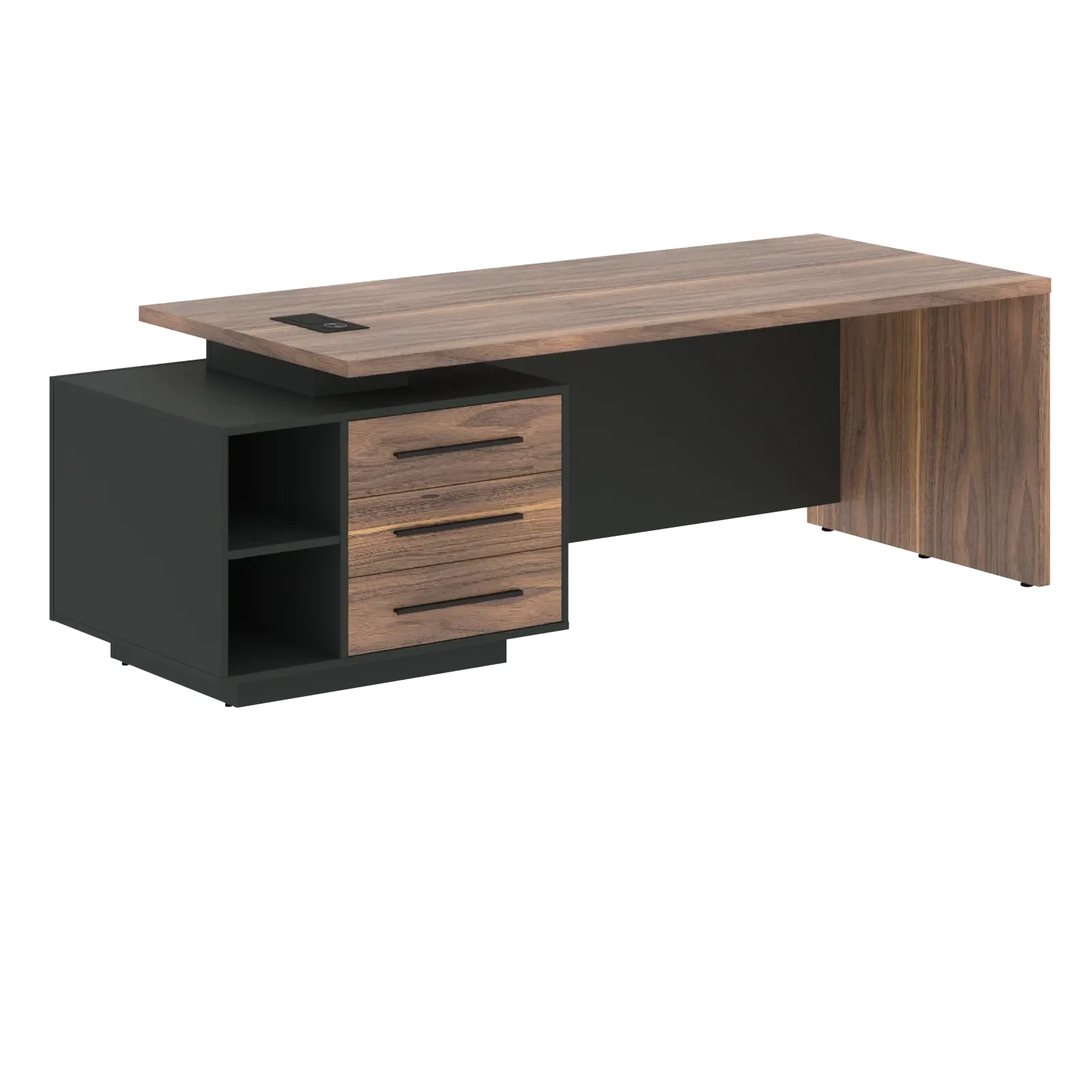 Стол руководителя с тумбой VRCT 2390(L) Американский орех/Черный матовый/Яшма черный 2300х900х750 VE